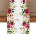 Nahaufnahme von Blumenmotiven auf einem weißen Leinentischläufer mit grünen Blättern - Weiße Basis Mehrfarbige Blumen Symmetrie (ZQ14-5)