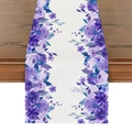 Detailansicht weißer Tischläufer aus Leinen mit eleganten lila Blumenmustern - Weiße Basis Lila Aquarell Blumen (ZQ14-9)