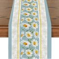 Makroaufnahme von Leinentischläufer mit blauen Streifen und Gänseblümchen-Print auf Holz - Blau Weiß Vertikal Streifen Gänseblümchen (ZQ14-12)