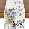 Detailaufnahme von Leinen-Tischläufer mit Blumenmuster und HOME Sweet HOME Text - Lila Gelbe Blumen (ZQ14-14)