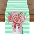 Detailaufnahme vom Leinentischläufer mit minzgrünen Streifen und rosa Pfingstrosen-Print - Minzgrün Weiß Streifen Rosa Pfingstrose (ZQ14-16)