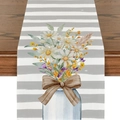 Detailansicht Tischläufer aus Leinen mit Gänseblümchen-Motiv in blauem Glas - Grau Weiße Streifen Einmachglas Gänseblümchen (ZQ14-17)