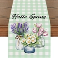 Leinen-Tischläufer mit Hello Spring Aufdruck und Aquarellblumen auf dunklem Holz - Hellgrün Weiß Kariert Frühlingsblumen (ZQ14-18)