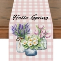 Detail eines Tischläufers aus Leinen mit Aquarellblumen und Hello Spring Text - Rosa Weiß Kariert Frühlingsblumen (ZQ14-19)