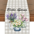 Detail des Hello Spring Tischläufers mit Aquarellblumen auf grau-weiß kariertem Leinen - Drei Blumentöpfe Grau Kariert (ZQ14-20)