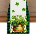 St. Patrick's Day tafelloper van linnen met klavermotief en groene geruite rand - 33*180cm / Klaver Gouden Pot Stijl (ZQ13-5)