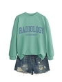 Flat lay of mint green Radiology Department sweatshirt and distressed denim shorts - S / Sweatshirt And Shorts / Light Green