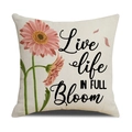 Macro detail of linen texture on daisy pillow cover with Live life IN FULL Bloom text - Pink Gerbera Live life IN FULL Bloom Style (YMS48-5)