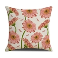 Detailed macro view of linen square pillowcase with realistic pink daisy flower print - Realistic Pink Gerbera Style (YMS48-7)