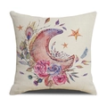 Macro detail of bohemian moon and floral watercolor print on square linen pillowcase - 45cm (No Insert) / Pink Moon Floral (YMZ1-1)