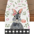 Linen Easter table runner featuring a watercolor gray rabbit and pink tulip print - 33*180cm / Watercolor Grey Bunny Tulip Plaid Style (ZQ15-6)