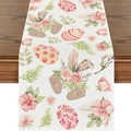 Linen Easter table runner with cute bunny and egg print on dark wooden table - 33*180cm / Hand-painted Spring Floral Bunny Style (ZQ15-2)
