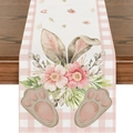 Pink Easter table runner with cute bunny ears and floral print on linen texture - 33*180cm / Pink Bunny Ear Footprint Plaid Style (ZQ15-1)
