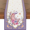 Linen table runner with purple moon and floral print on dark wood dining table - Purple Moon Rose Feather (ZQ16-1)