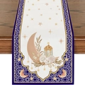 Close-up of linen table runner with crescent moon, golden lanterns, and floral patterns - Islamic Moon Lantern Floral (ZQ16-2)