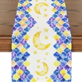 Detailed pattern of moon and star print on linen table runner with Moroccan tile design - Dreamy Yellow Moon Star Grille (ZQ16-4)