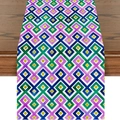 Detail of linen table runner with geometric crescent moon pattern on dark wood table - Blue Green Purple Geometric Interwoven (ZQ16-5)
