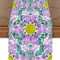 Macro view of Middle East moon and mandala print pattern on bohemian linen table runner - Bohemian Green Yellow Purple Mandala (ZQ16-8)