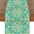 Detail of green floral vine table runner on dark wood surface with boho patterns - Green Vine Geometric Moroccan Pattern (ZQ16-9)