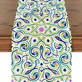 Close-up of linen table runner with colorful moon and geometric floral print on wood - Fresh Geometric Abstract Floral (ZQ16-11)