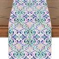 Close-up of linen table runner featuring colorful Middle Eastern moon damask patterns - Colorful Damascus Vine Pattern (ZQ16-13)