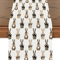 Close-up of linen table runner with watercolor bunny prints on a dark wooden table - 33*180cm / Brown Realistic Bunny Style (ZQ17-5)