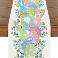 Detail of Easter linen table runner featuring cute watercolor bunnies and green leaves - 33*180cm / Colorful Watercolor Eucalyptus Bunny Style (ZQ17-7)