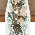 Detail of linen Easter table runner featuring cute bunny print and green eucalyptus leaves - 33*180cm / Earth Tone Vintage Bunny Style (ZQ17-8)