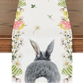 Detail of Easter table runner featuring watercolor rabbit and colorful eggs on linen fabric - 33*180cm / Grey Bunny Back View Daisy Style (ZQ17-9)