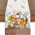 Detail of linen Easter table runner featuring watercolor bunnies and Happy Easter text - 33*180cm / Linen Base HAPPY EASTER Bunny Style (ZQ17-11)