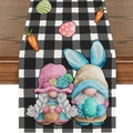 Macro detail of Easter table runner with gnome pattern on black and white plaid linen - 33*180cm / Black and White Plaid Gnome Style (ZQ17-12)