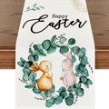 Detail of Happy Easter table runner featuring cute bunnies and eucalyptus wreath print - 33*180cm / Eucalyptus Wreath Multi-Bunnies Style (ZQ17-13)