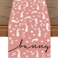 Detail of pink linen Easter table runner with bunny print and floral patterns on wood table - 33*180cm / Pink Bunny All-over Print Style (ZQ17-14)
