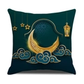 Detailed texture of linen cushion cover with moon and lantern print for Ramadan decor - 45*45cm (Cover Only) / Dark Green Gold Style 3(YMZ2-3)