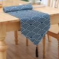 Blue wave pattern long table runner with black tassels on light wood table - 33*180cm / Blue Fan