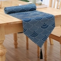 Blue and white seigaiha wave table runner with elegant black tassel detail - 33*180cm / Sea Wave