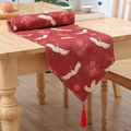 Red table runner with white crane pattern and tassels for Chinese style dining decor - 33*180cm / Crane