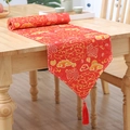 Red Chinese table runner with gold floral patterns and silk tassel for tea ceremony - 33*180cm / Lucky Cloud