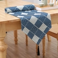 Blue and white seigaiha pattern tea runner with black silk tassels on a wooden table - 33*180cm / Blue Plaid