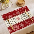 Linen Christmas placemat with red and white snowflake design and Hello Winter text - 23cd2-17 / 30*45cm