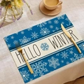 Blue linen placemat with Hello Winter lettering and white snowflakes for Christmas - Blue White Snowflake HELLO WINTER (23CD2-18)