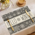 Linen placemat with Hello Winter text and star pattern, includes golden cutlery decor - Gray Snowflake HELLO WINTER (23CD2-19)