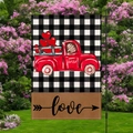 Bandera de jardín de San Valentín de lino con camión rojo y corazones en cuadros - Estilo Romántico Camión Corazón (HYQ15-19)