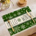 Christmas place mat with green Hello Winter design and white snowflakes for table decor - Green Snowflake HELLO WINTER (23CD2-20)