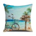 Detail des mediterranen Leinen-Kissenbezugs mit Strandszenen und sommerlichem Fahrrad-Druck - Retro-Fahrrad- und Palmenmuster (YMS51-1) / Leinenmaterial (Ohne Kissenfüllung)