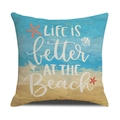 Detail von Leinen Kissenhülle mit Life Is Better At The Beach Text und Seestern-Druck - Blaues Seestern- und Muschelmuster (YMS51-2) / Leinenmaterial (Ohne Kissenfüllung)