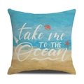 Detailansicht des mediterranen Leinen-Kissenbezugs mit take me to the ocean Aufdruck - Ozean-Text- und Muschelmuster (YMS51-3) / Leinenmaterial (Ohne Kissenfüllung)