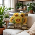 Sonnenblumen Kissenbezug aus Leinen auf weißem Sofa mit grünen Zimmerpflanzen - Blumenkorb Sonnenblumen-Stil (SPP001-2) / 45*45cm Leinen Einseitig Ohne Füllung
