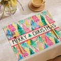 Rectangular linen Christmas placemat with colorful watercolor trees and Merry Christmas text - 23cd2-26 / 30*45cm
