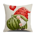 Federa per cuscino gnomo anguria in lino per la decorazione del divano di casa - Gnomo con cuore rosso che abbraccia l'anguria (YMS52-4) / 45cmx45cm